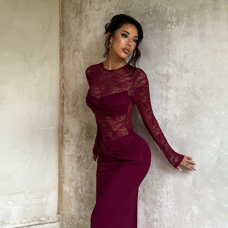 Damen Elegantes Maxikleid mit Spitzenoberteil und raffinierten Drapierungsdetails Drune