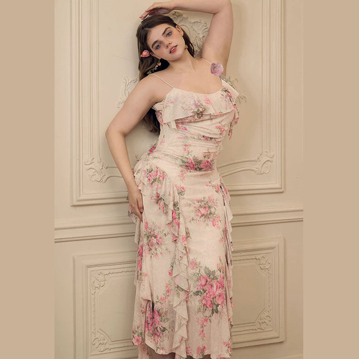 Damen Elegantes Fließendes Abendkleid mit Rüschendetails Drune