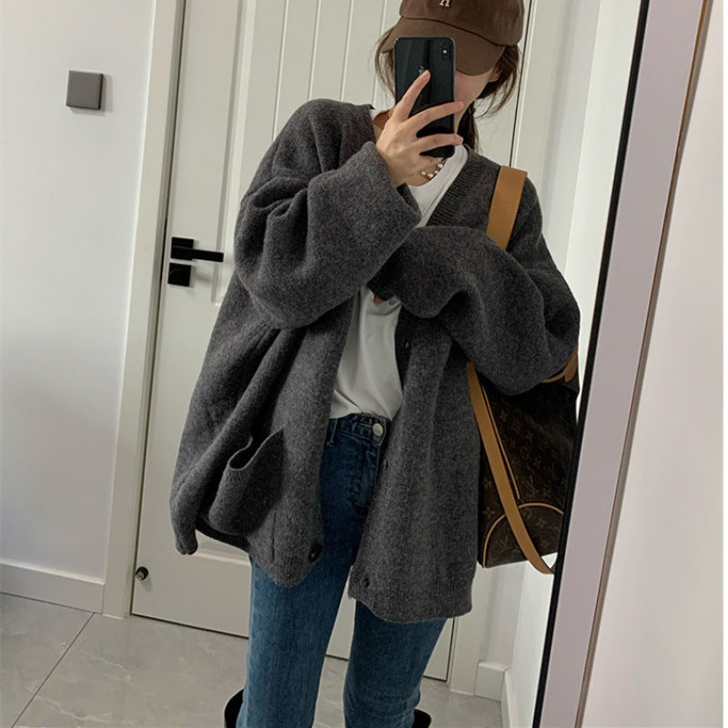 Damen Oversized Strickjacke mit praktischen Taschen und V-Ausschnitt Drune