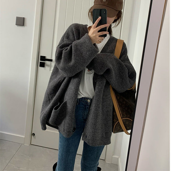 Damen Oversized Strickjacke mit praktischen Taschen und V-Ausschnitt Drune