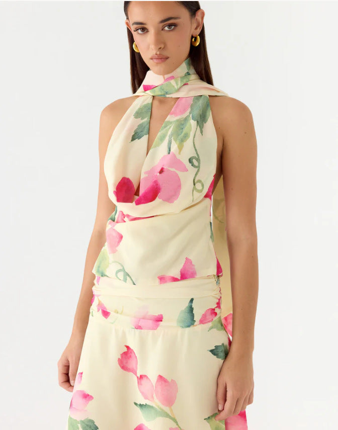Damen Elegantes Chiffon-Top mit floralem Halsband und tiefem Ausschnitt Drune