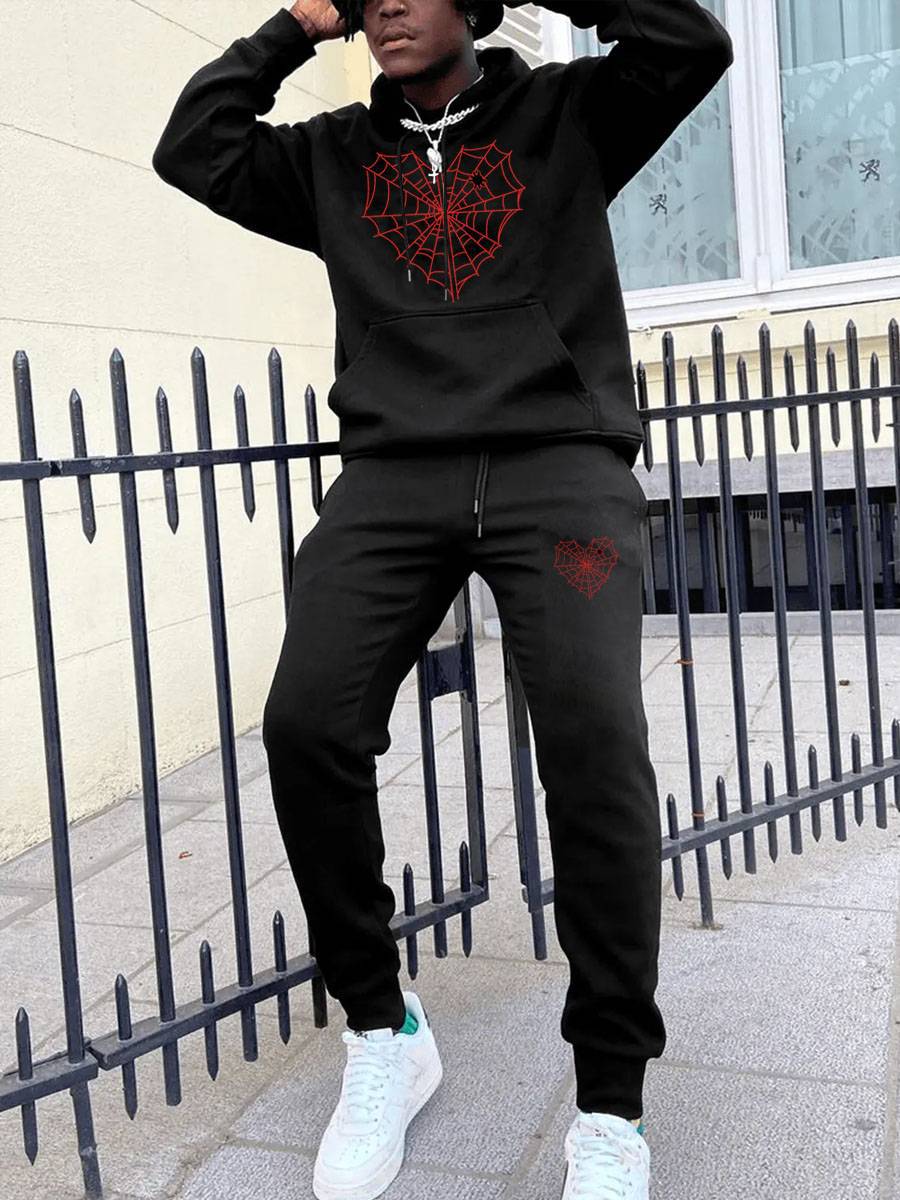 Damen Kapuzenpullover und Jogginghose Set mit kreativem Spinnennetz-Motiv Drune