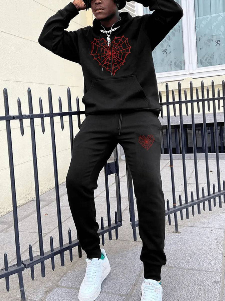 Damen Kapuzenpullover und Jogginghose Set mit kreativem Spinnennetz-Motiv Drune