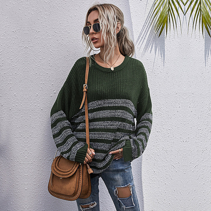 Damen lässiger Strickpullover mit modischem Streifenmuster und weitem Schnitt Drune
