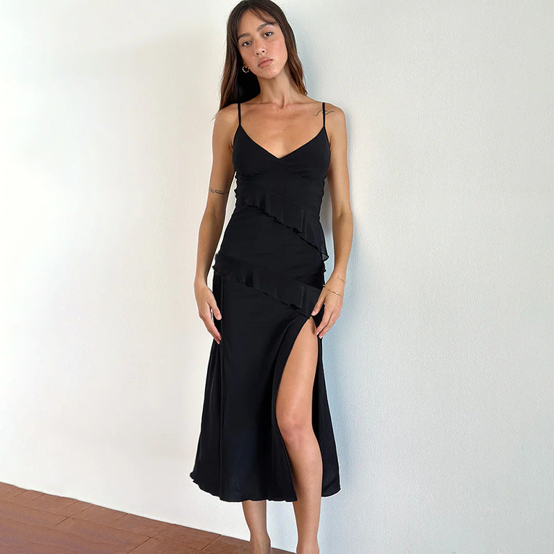 Damen Elegantes Maxikleid mit verspielten Rüschendetails und tiefem Schlitz Drune