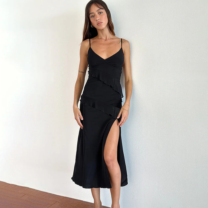 Damen Elegantes Maxikleid mit verspielten Rüschendetails und tiefem Schlitz Drune
