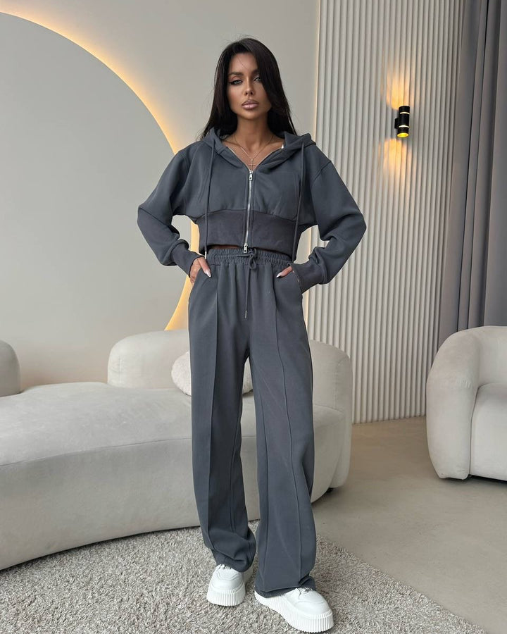 Damen modischer Kapuzenanzug mit elastischem Bund und cropped Oberteil Drune