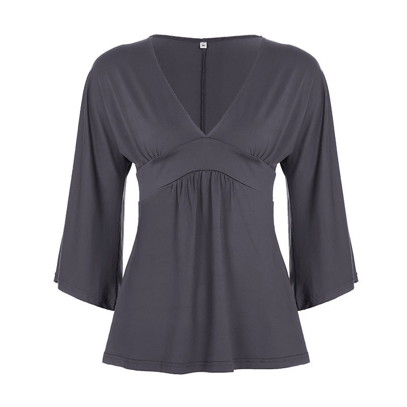 Damen Elegantes Wickeloberteil mit weitem Ärmel und V-Ausschnitt Drune