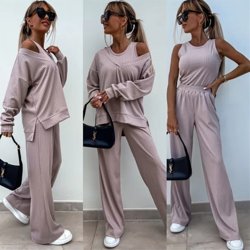 Damen nan elegantes Rippstrick-Zweiteiler Lounge-Set mit einseitigem Schulterfreischnitt und weitem Palazzo-Hosenbein Drune