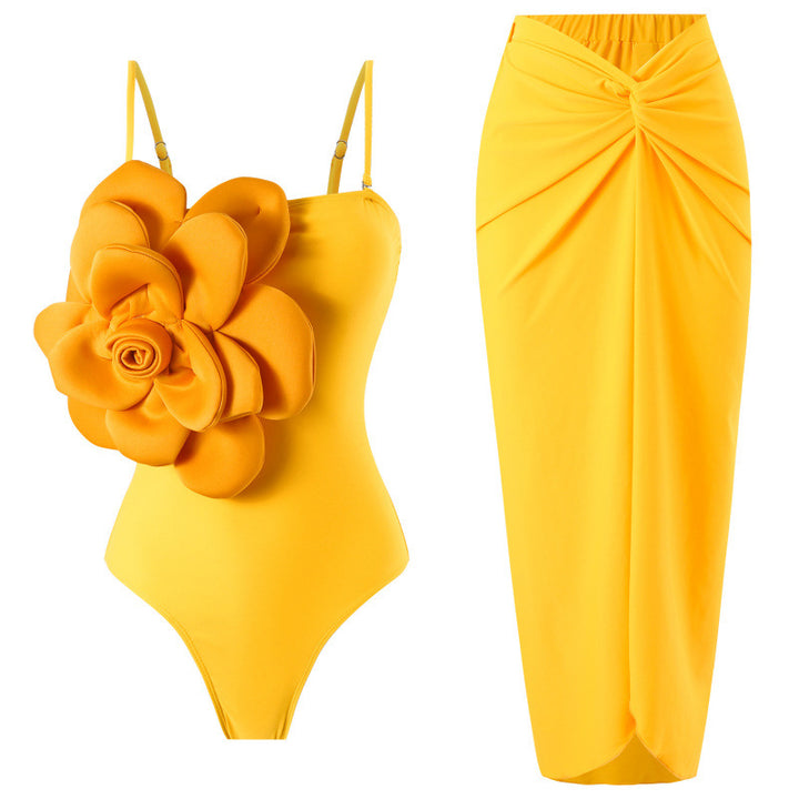 Damen Einteiler Badeanzug mit modischem Blumendesign und passendem Wickelrock Drune