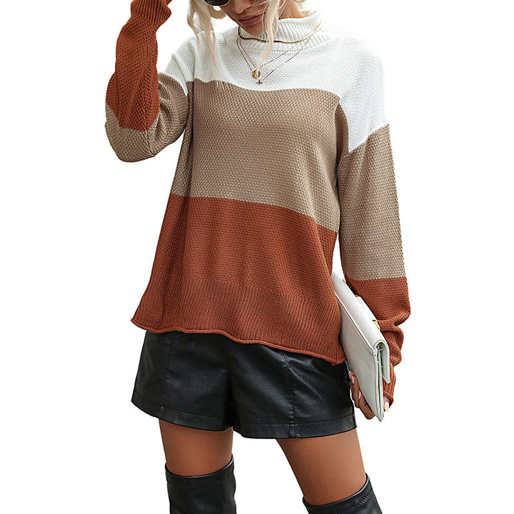 Damen modischer Strickpullover mit farbigen Blockstreifen und hohem Kragen Drune
