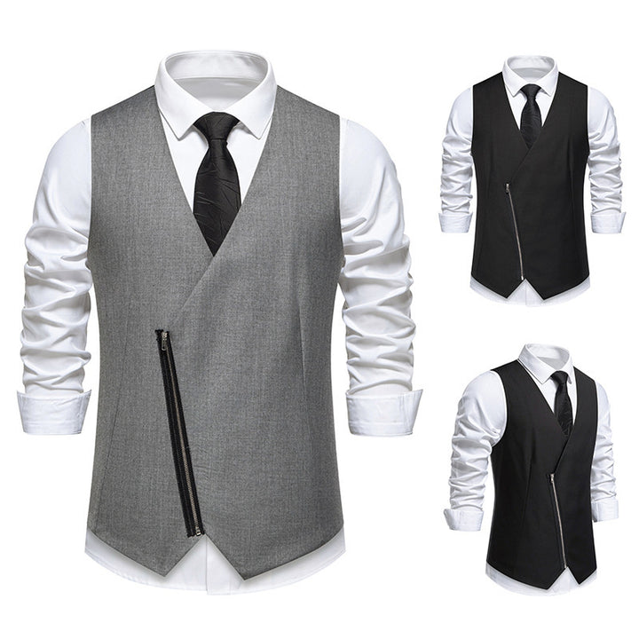 Herren moderne Anzugweste mit asymmetrischem Reißverschluss und eleganter Passform Drune