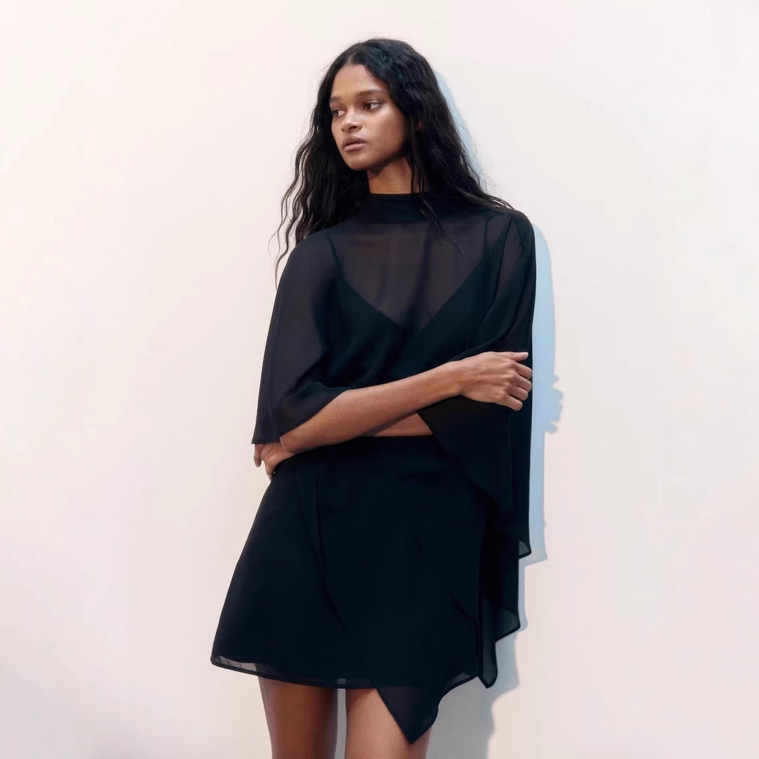 Damen elegante Chiffon-Tunika mit asymmetrischem Schnitt und fließendem Design Drune