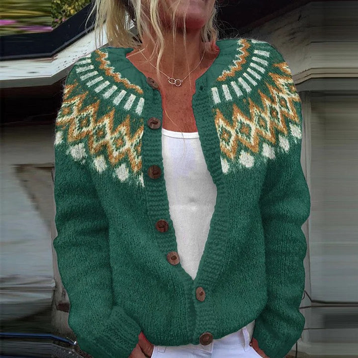 Damen nan gemusterte Strickjacke mit Rundpasse, Holzknöpfen und Eingrifftaschen Drune