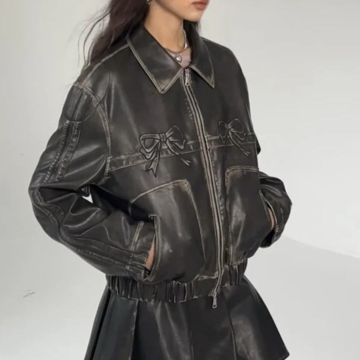 Damen Kunstlederjacke mit Rüschen und elastischem Saum Drune