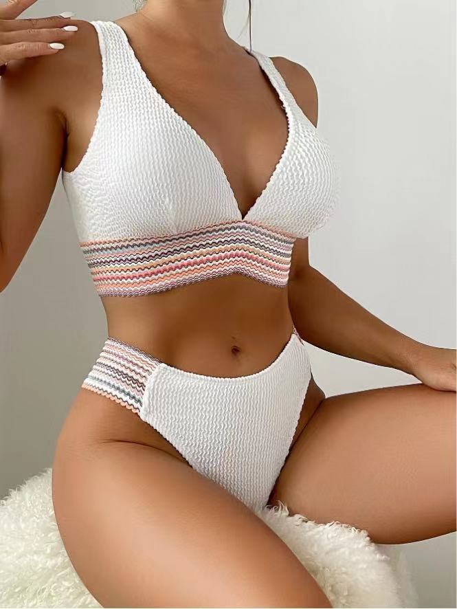 Damen Bikini mit hohem Beinausschnitt und elastischem Streifenmuster Drune