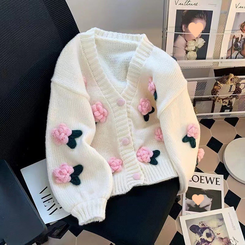 Damen Strickjacke mit Blumenapplikationen und elastischen Ärmeln Drune
