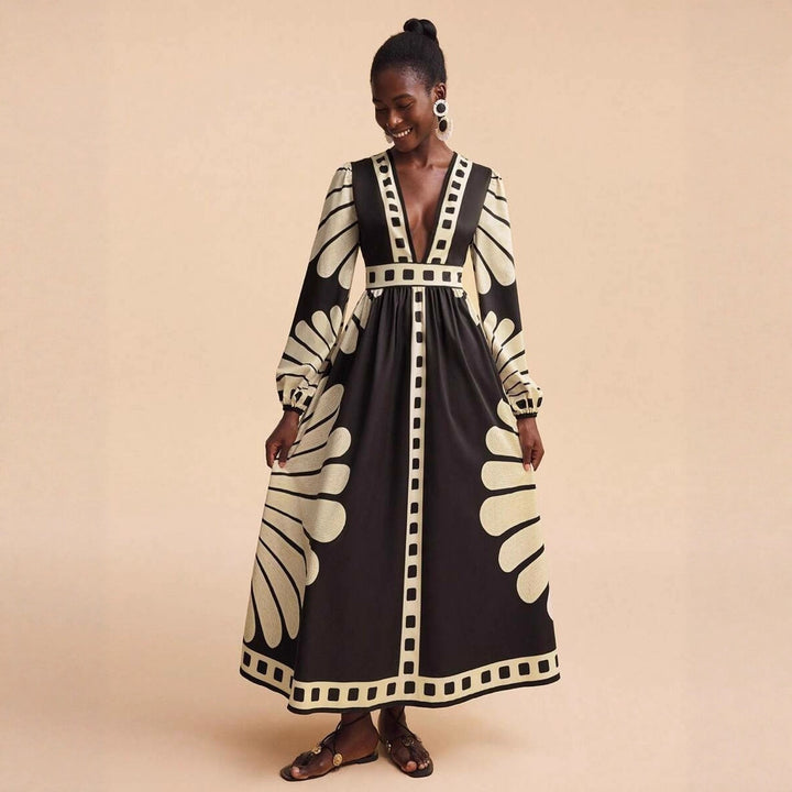 Damen Maxi-Kleid mit tiefem V-Ausschnitt und extravaganten Ärmel-Designs Drune