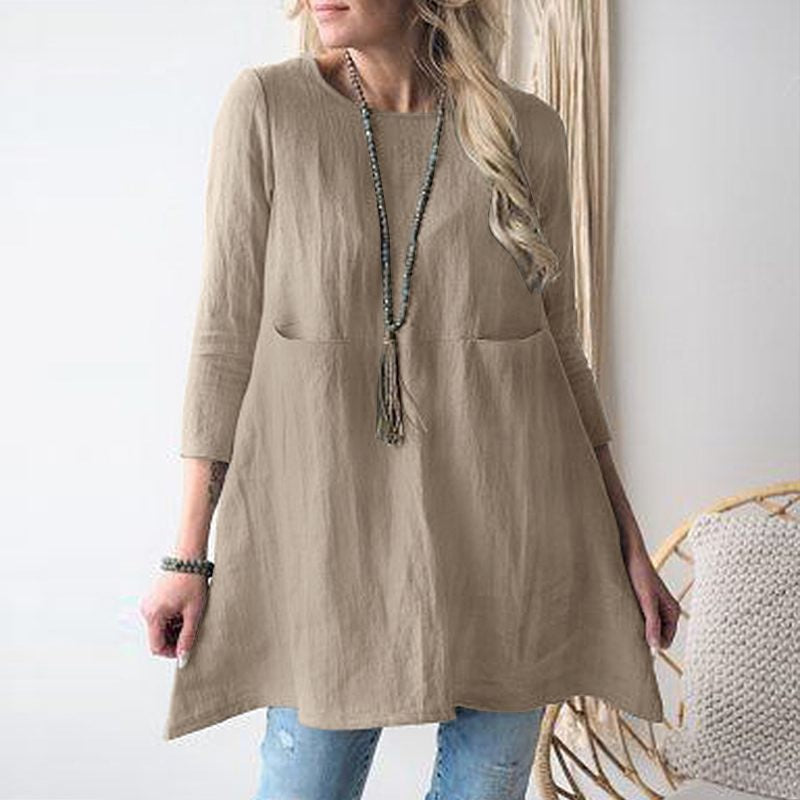 Damen lässiges Tunika-Shirt mit seitlichen Taschen und 3/4 Ärmeln Drune