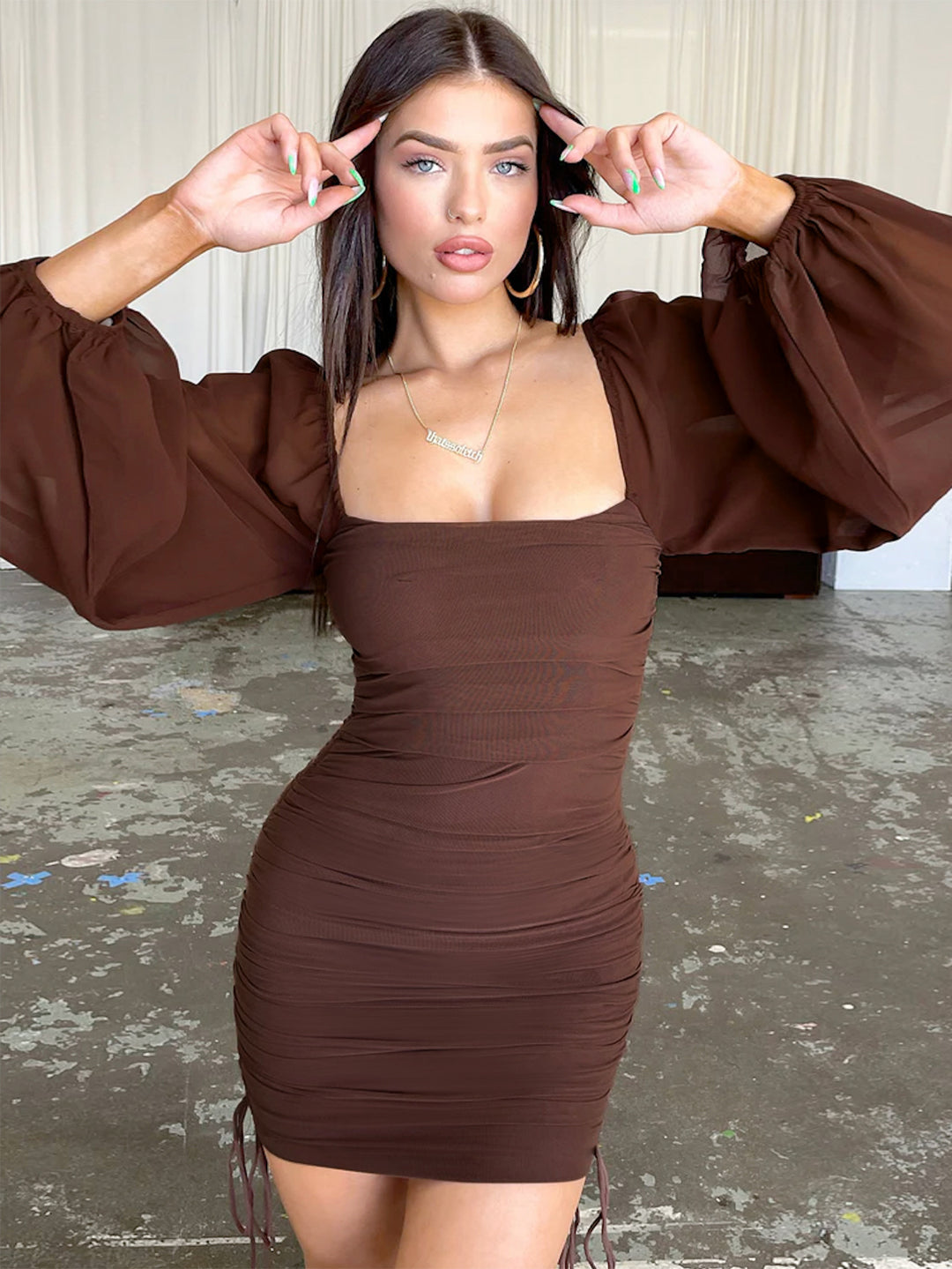 Damen Figurbetontes Minikleid mit puffärmel und seitlicher Raffung Drune