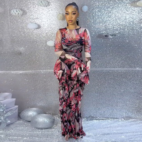 Damen Maxikleid mit transparenten Ärmeln und floralem Muster Drune
