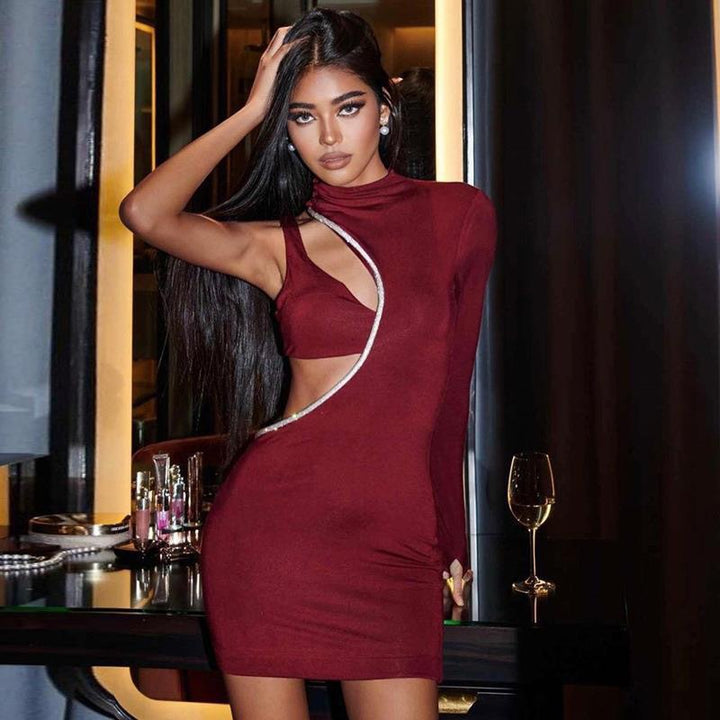 Damen Figurbetontes Minikleid mit asymmetrischem Ausschnitt und schimmerndem Detail Drune