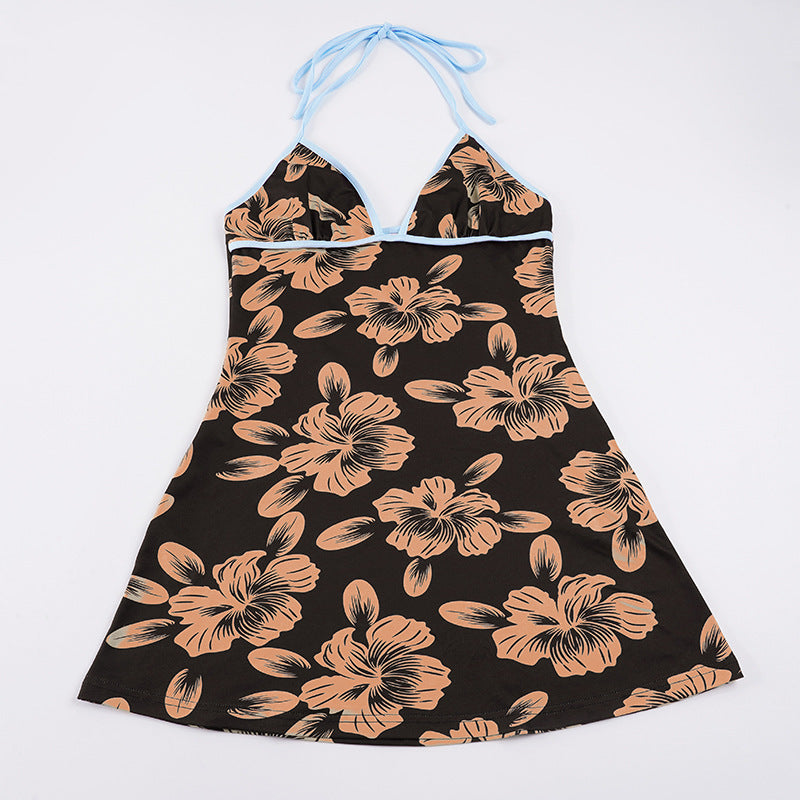 Damen Blütenmuster Strandkleid mit Spaghetti-Trägern und offener Rückenpartie Drune