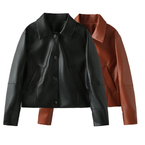 Damen elegante Kunstlederjacke mit moderner Silhouette und praktischen Taschen Drune