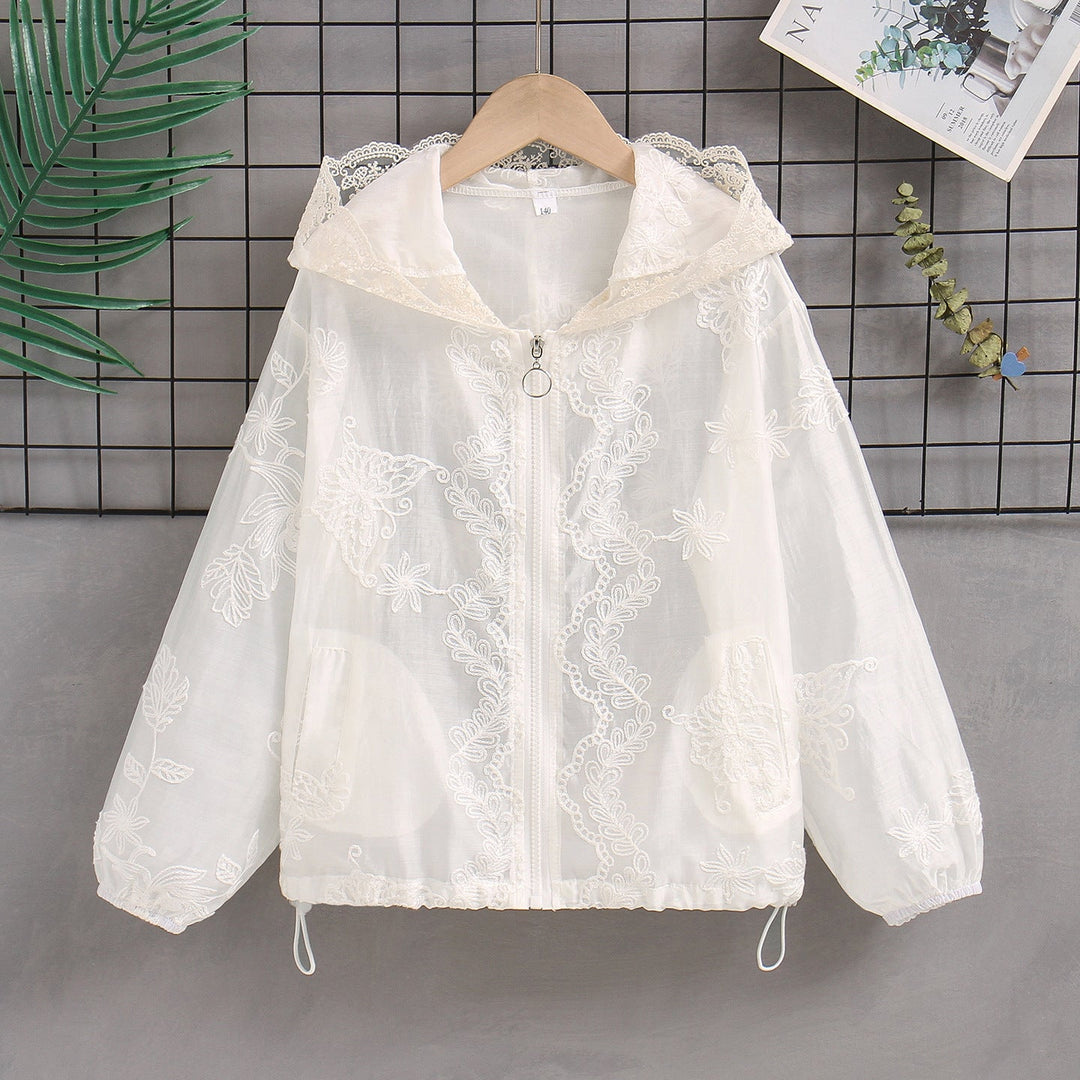 Damen nan transparente bestickte Kapuzenjacke mit Reißverschluss und Tunnelzug Drune