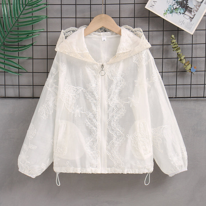 Damen nan transparente bestickte Kapuzenjacke mit Reißverschluss und Tunnelzug Drune