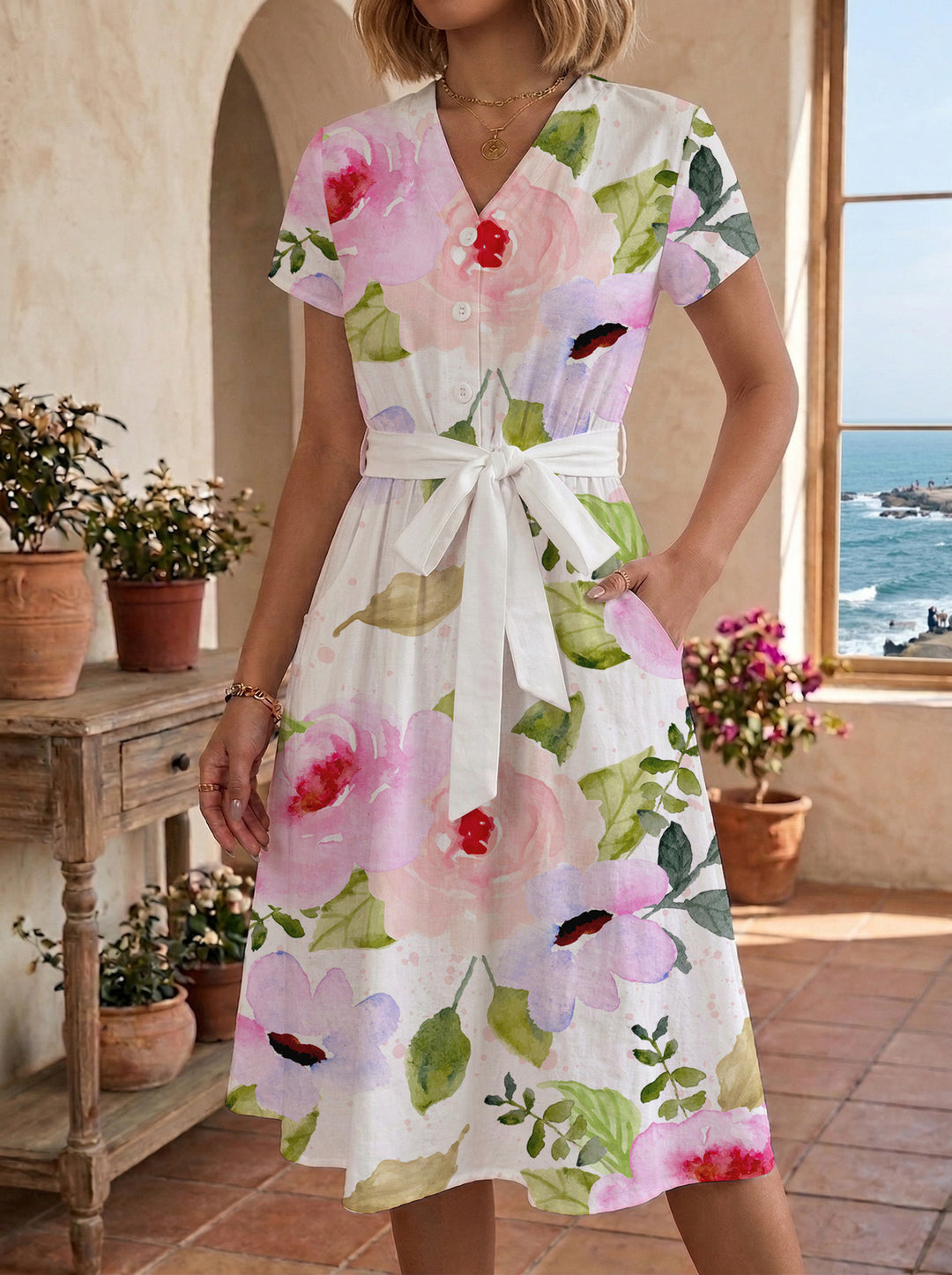 Damen Midi-Kleid mit floralem Design und bequemer Passform Drune