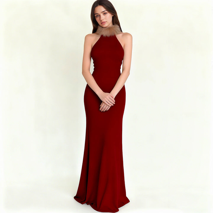 Damen Elegantes Maxikleid mit luxuriösem Kunstpelzkragen Drune