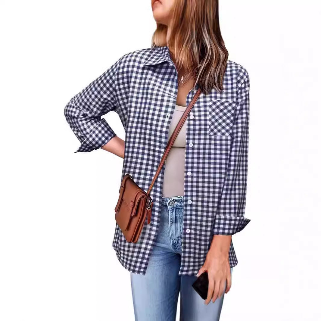 Femme Button-Up Gingham Check Shirt Drune