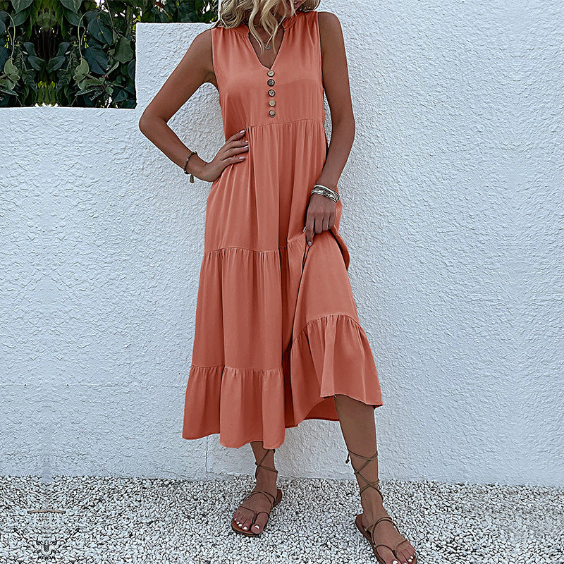 Damen luftiges Maxikleid mit Knopfdetails und Rüschensaum Drune
