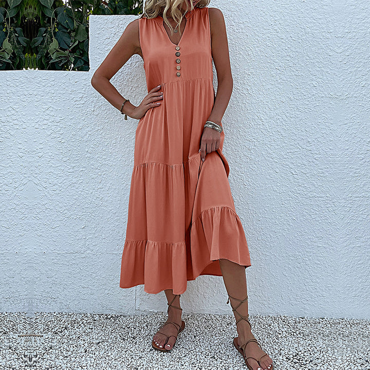 Damen luftiges Maxikleid mit Knopfdetails und Rüschensaum Drune