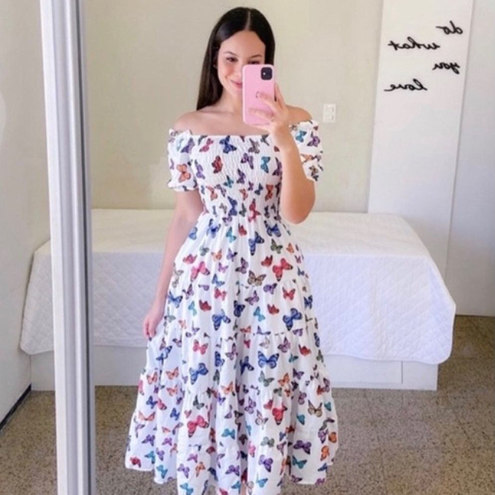 Damen Midi-Kleid mit schulterfreiem Design und verspieltem Schmetterlingsmuster Drune
