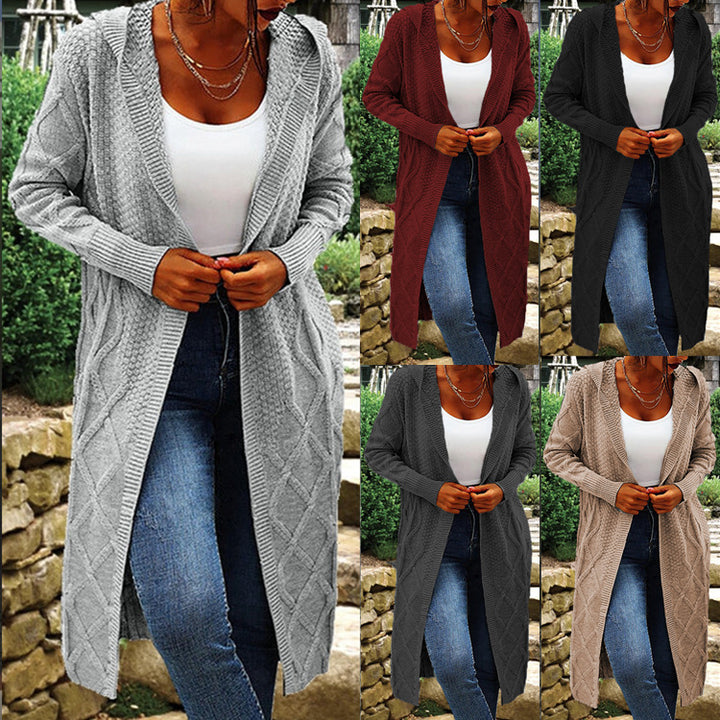 Damen langer Strickcardigan mit Hochkragen und Zopfmuster Drune