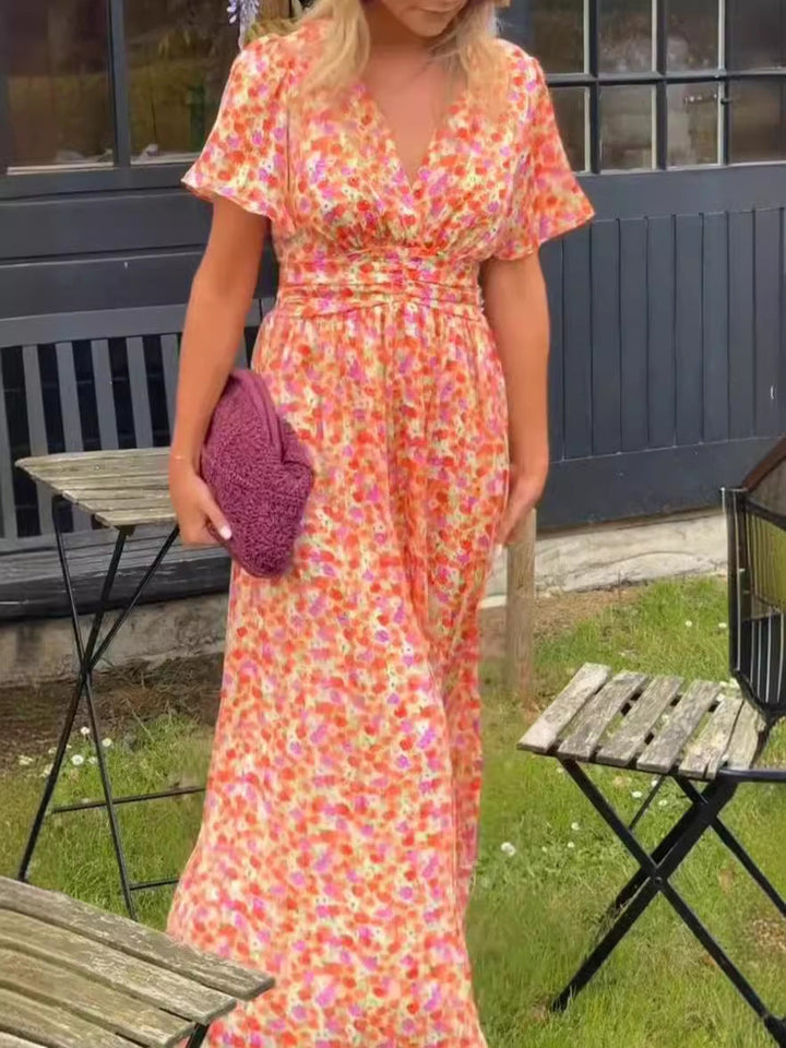 Damen Maxikleid mit floraler Raffung und V-Ausschnitt Drune