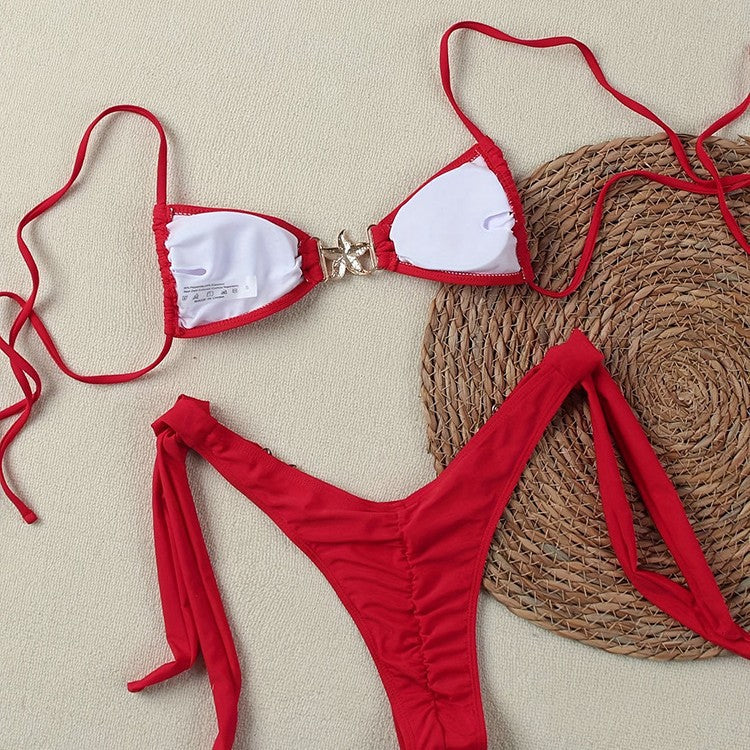 Damen Triangel-Bikini mit dekorativen Schleifen und goldenen Akzenten Drune