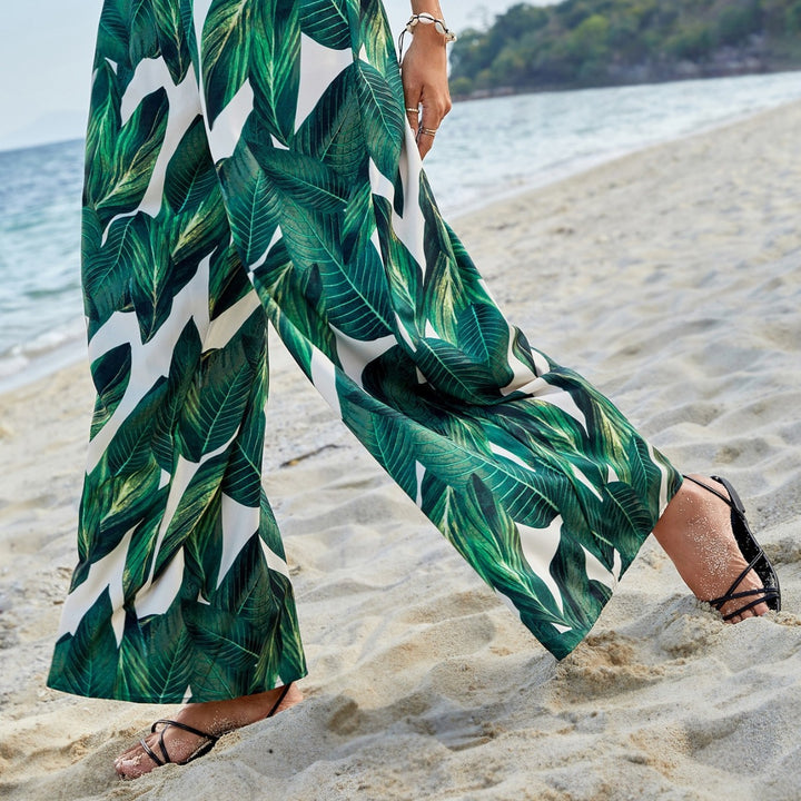Damen weite Strandhose mit tropischem Blattmuster und elastischem Bund Drune