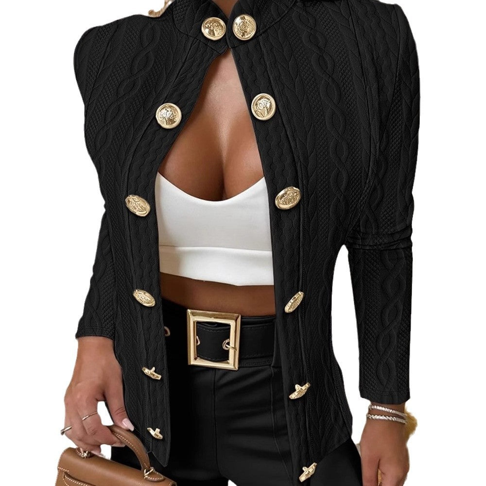 Damen Eleganter Strickblazer mit goldenen Knöpfen und Stehkragen Drune