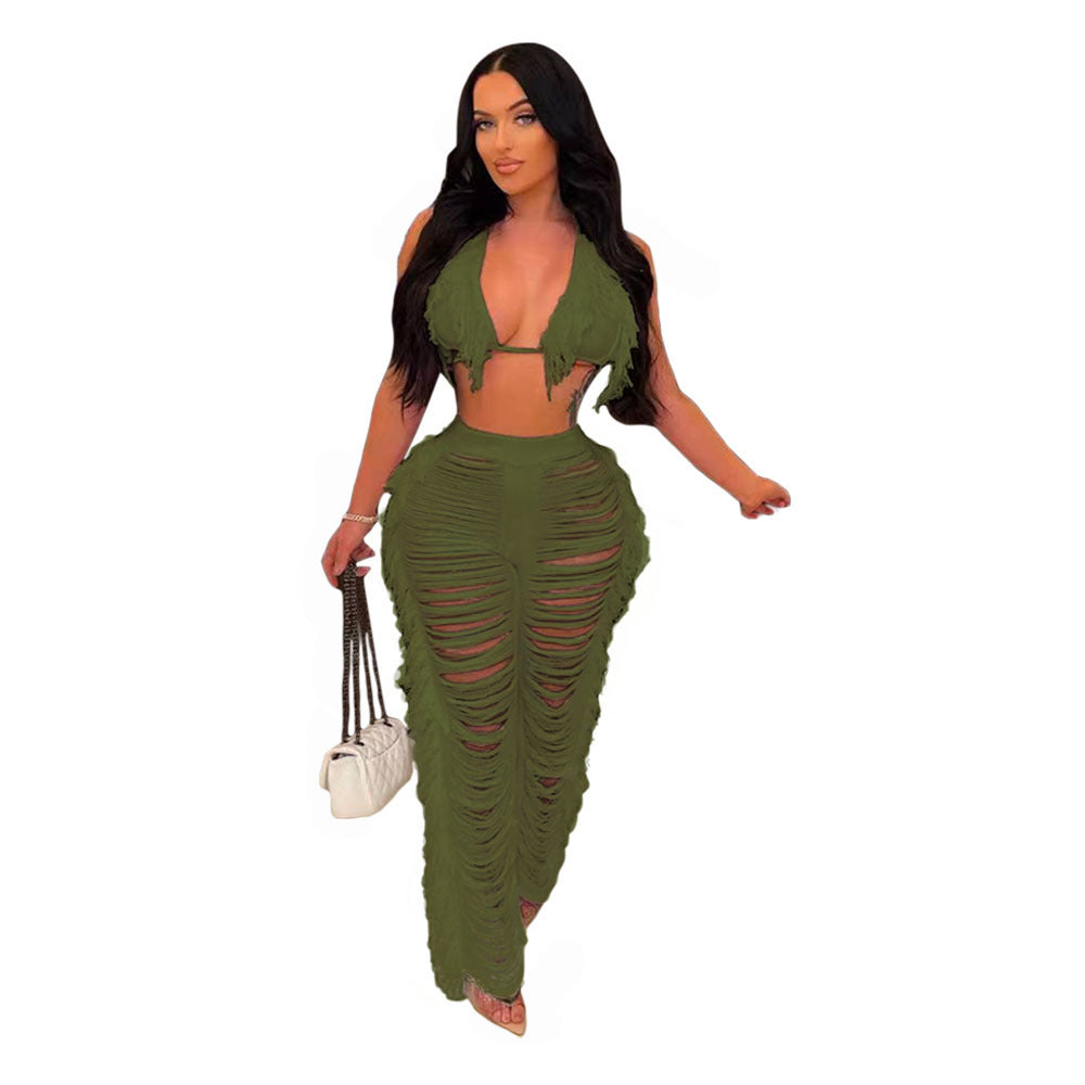 Damen Strandoutfit mit fransigem Crop-Top und lässiger Hose Drune