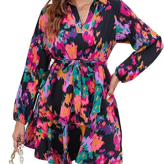 Damen Blusenkleid mit floralem Muster und Bindegürtel Drune