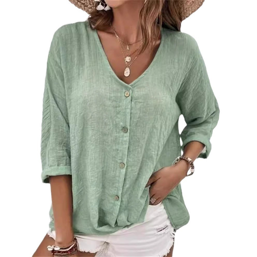 Damen lässige Bluse mit Knopfleiste und V-Ausschnitt Drune