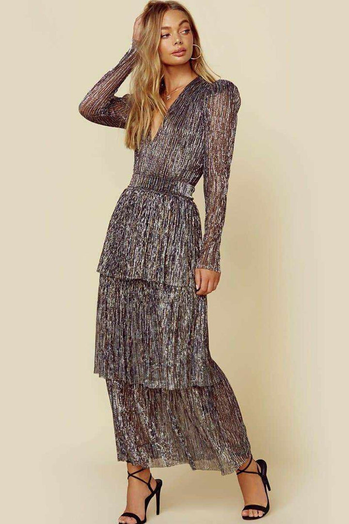 Damen Plissiertes Abendkleid mit schimmerndem Effekt und langen Ärmeln Drune