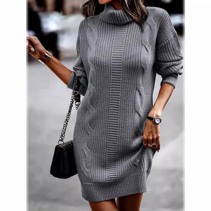 Damen Grobstrickpulloverkleid mit hohem Kragen und Kabelstruktur Drune