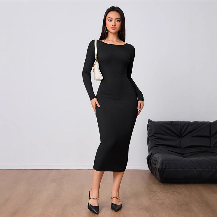 Damen figurbetontes Midi-Kleid mit elegantem Rundhalsausschnitt und langen Ärmeln Drune