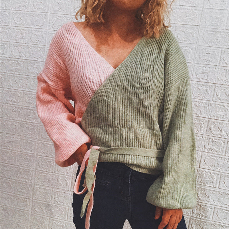 Damen Wickelpullover mit elegantem Rippdesign und modischen Bindebändern Drune