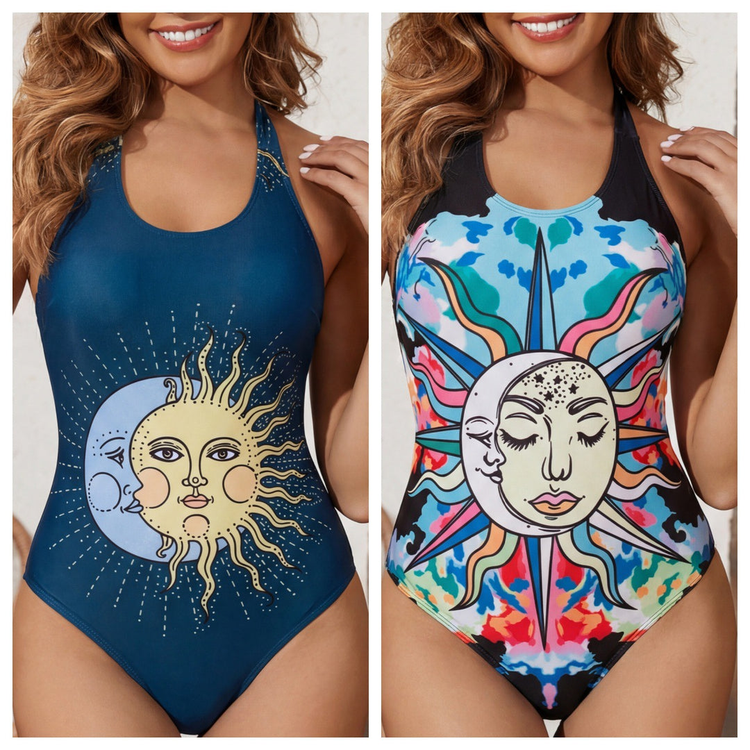 Damen Einteiliger Badeanzug mit originellem Sonnen-Mond-Design Drune