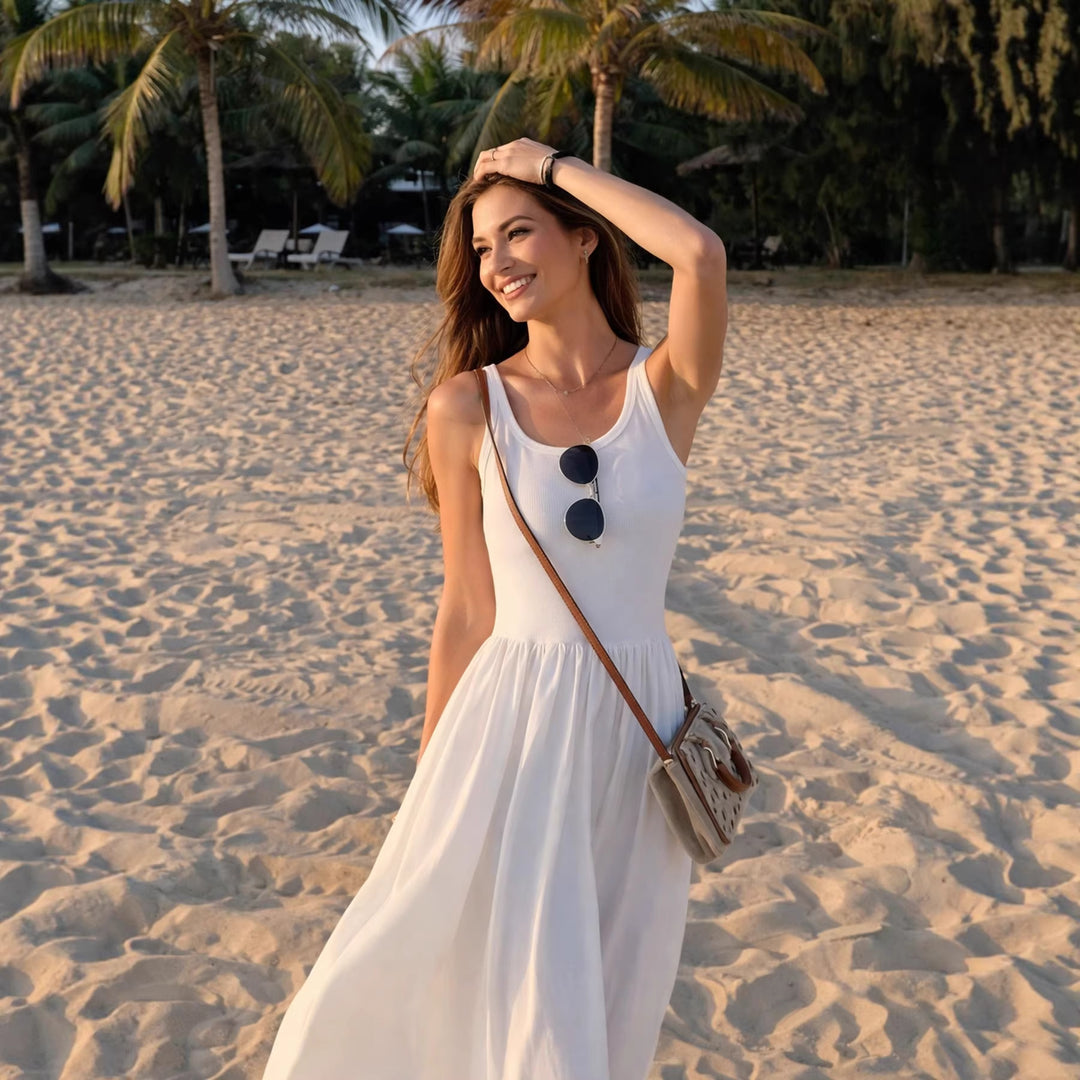 Damen Elegantes Maxikleid mit spaghetti Trägern und fließendem Rock Drune